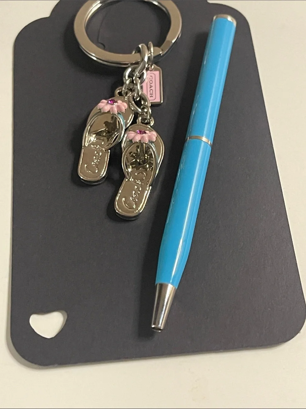 COACH Flip Flop Charm Keychain with Pink Flower Accents and Coach Pen